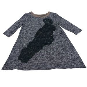 Free People Heather Gray Knit Tunic Black Lace Applique Design Size Medium Boho
